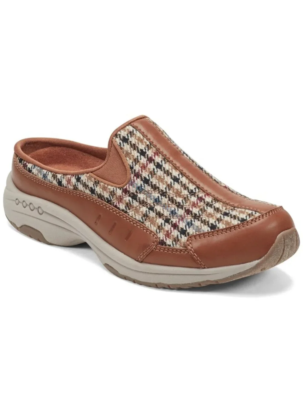 Easy Spirit Traveltime Slip on Mule Walking Sneakers - Brown Houndstooth, Size: